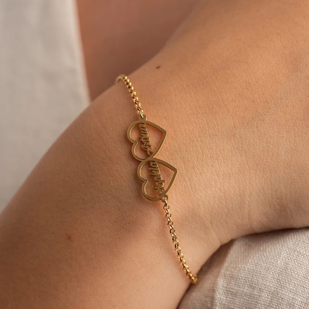 Bracelet Coeur Double Nom Personnalisé pour Femme