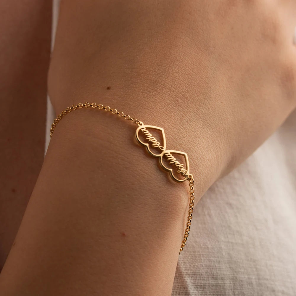 Bracelet Coeur Double Nom Personnalisé pour Femme